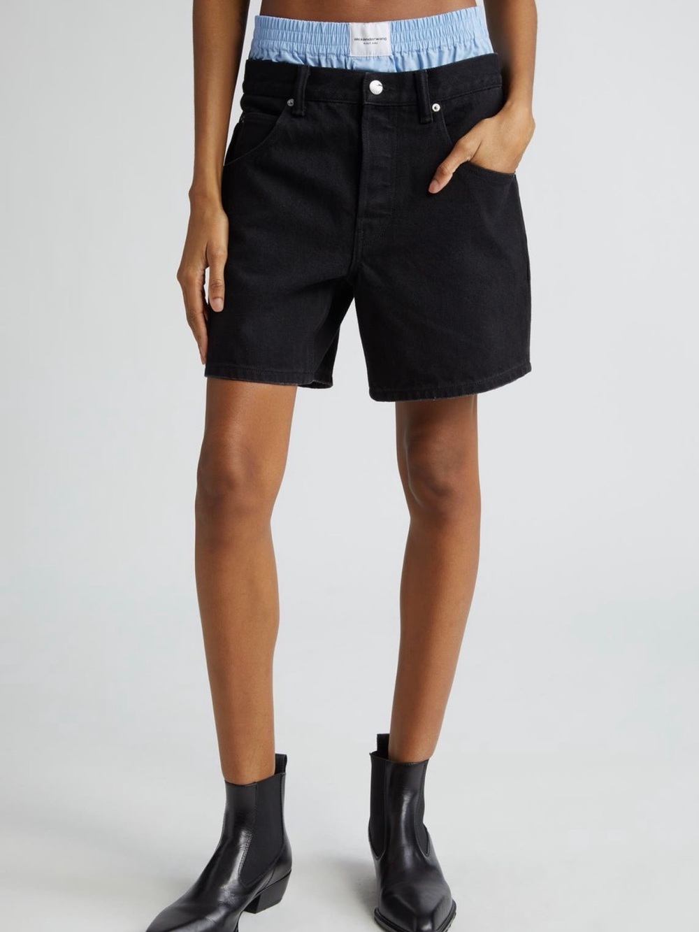 Alexander Wang Black Denim Shorts with Light Blue Elastic Waistband